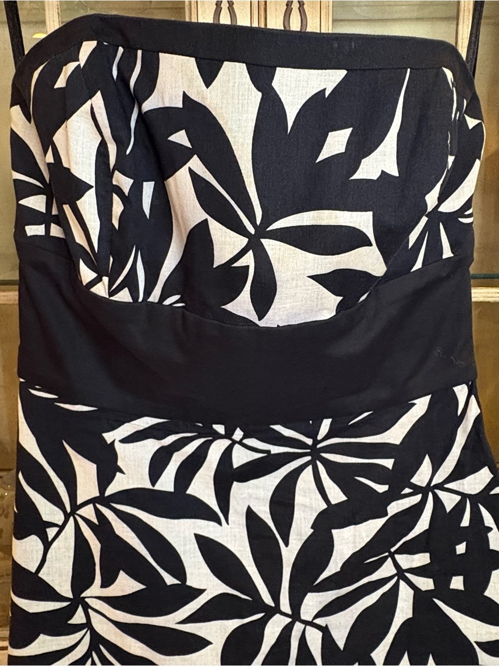 White House Black Market Black and White Strapless Leaf-Print Sheath Dress
